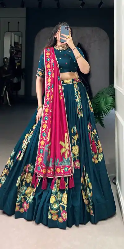LNB 1239 Peacock Blue Color Tushar Silk Printed Foil Work Lehenga Choli Casual, Wedding, Party, Festive, Events Etc.4-6 Working Days@ 2249/-only | Creative Lehenga, Bollywood Lehenga, Designer Lehenga, Embroidered Lehenga, Lehenga, Party Wear Lehenga