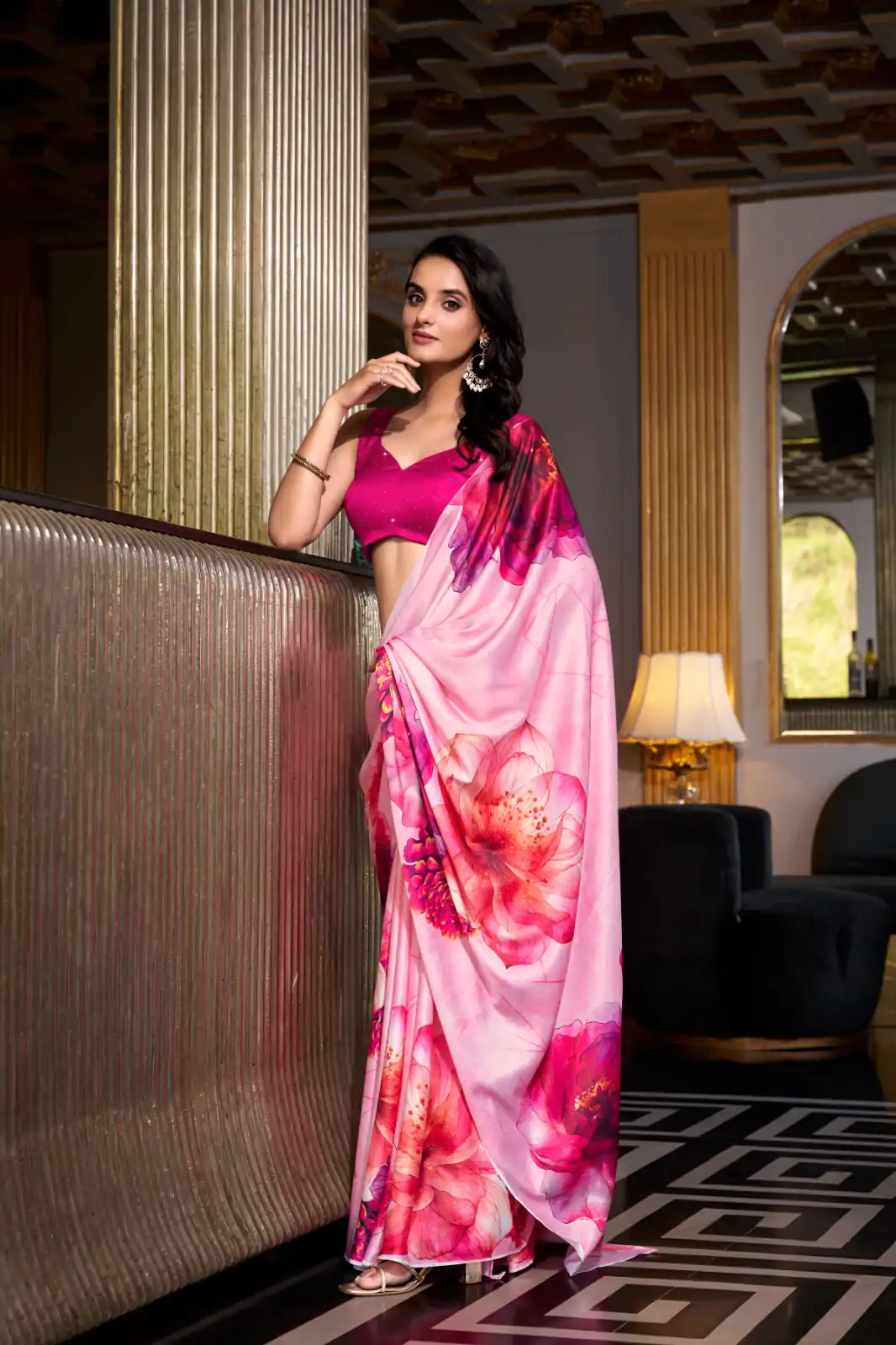 YNF 7026 Pink Color Satin Silk Printed Saree Casual, Wedding, Festive, Events . Expected Delivery  4-6 Working Days @1599/- only                                                                                                                                           | Creative Sarees, Embroidered Sarees, Bollywood Sarees, Designer Sarees, Ethnic Saree, Modern Digital sarees, Party Wear Sarees, Sarees