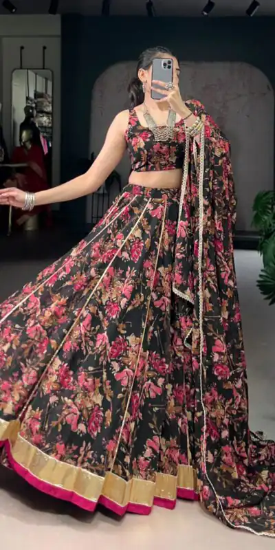 LNB 1672 Black Color Chiffon Floral Print Foil Print Embossed Design Lehenga Choli Wedding, Party, Festive, Events Etc. Delivery 4-6 Working Days Rs 3499 | Creative Lehenga, Bollywood Lehenga, Designer Lehenga, Embroidered Lehenga, Lehenga, Party Wear Lehenga
