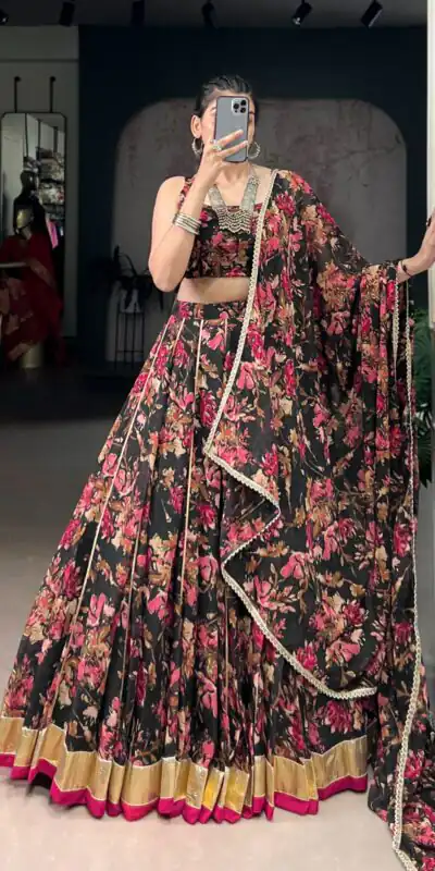 LNB 1672 Black Color Chiffon Floral Print Foil Print Embossed Design Lehenga Choli Wedding, Party, Festive, Events Etc. Delivery 4-6 Working Days Rs 3499 | Creative Lehenga, Bollywood Lehenga, Designer Lehenga, Embroidered Lehenga, Lehenga, Party Wear Lehenga
