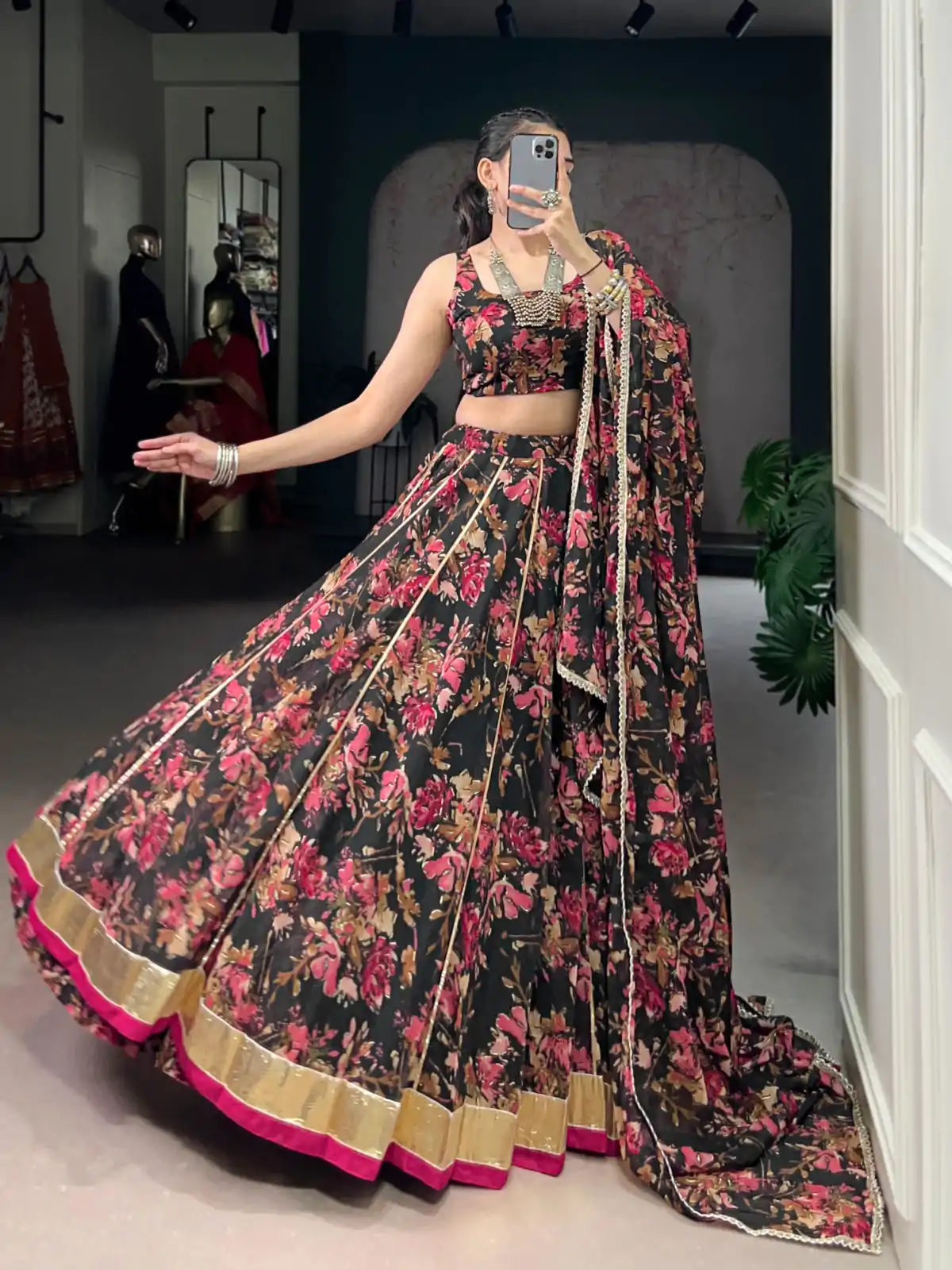 LNB 1672 Black Color Chiffon Floral Print Foil Print Embossed Design Lehenga Choli Wedding, Party, Festive, Events Etc. Delivery 4-6 Working Days Rs 3499 | Creative Lehenga, Bollywood Lehenga, Designer Lehenga, Embroidered Lehenga, Lehenga, Party Wear Lehenga