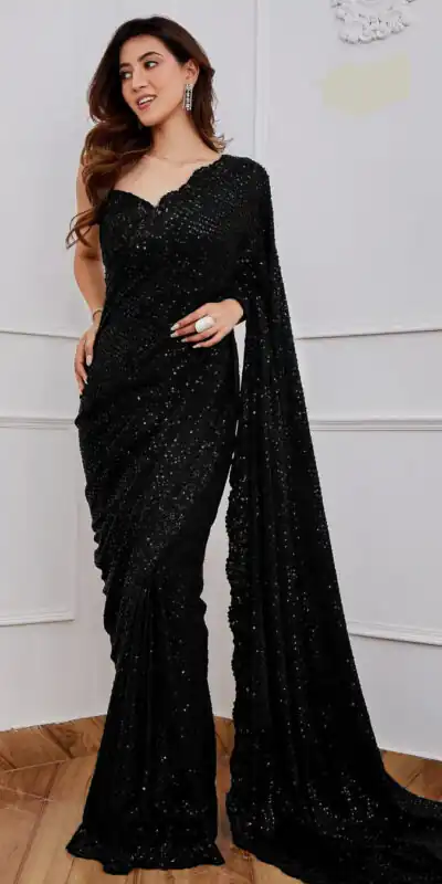 DF 3312 Black Color Faux Georgette 5mm Sequence Embroidery Work Saree Casual, Wedding, Festive, Events . Expected Delivery  4-6 Working Days @1899/- only                                                 | Embroidered Sarees, Bollywood Sarees, Creative Sarees, Designer Sarees, Ethnic Saree, Modern Digital sarees, Party Wear Sarees, Sarees