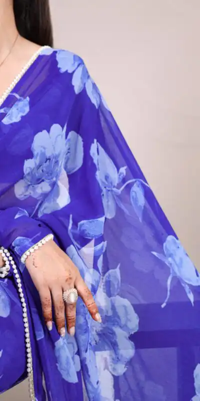 YNF 7011 Blue Color Chiffon Foral Printed Pearl Lace Border Saree Casual, Wedding, Festive, Events . Expected Delivery  4-6 Working Days @1499/- only                                                                                | Embroidered Sarees, Bollywood Sarees, Creative Sarees, Designer Sarees, Ethnic Saree, Modern Digital sarees, Party Wear Sarees, Sarees