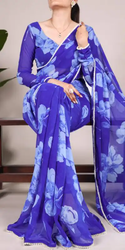 YNF 7011 Blue Color Chiffon Foral Printed Pearl Lace Border Saree Casual, Wedding, Festive, Events . Expected Delivery  4-6 Working Days @1499/- only                                                                                | Embroidered Sarees, Bollywood Sarees, Creative Sarees, Designer Sarees, Ethnic Saree, Modern Digital sarees, Party Wear Sarees, Sarees