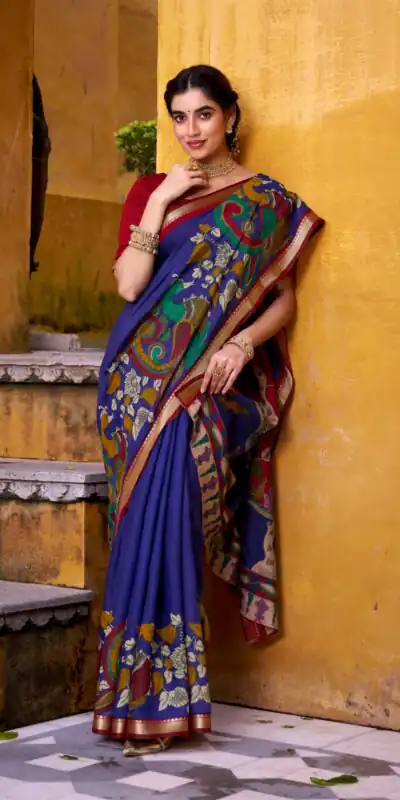 YNF 7048 Blue Color Polyester Chanderi Kalamkari Weaving Work Saree Casual, Wedding, Festive, Events . Expected Delivery  4-6 Working Days @1499/- only                                | Embroidered Sarees, Bollywood Sarees, Creative Sarees, Designer Sarees, Ethnic Saree, Modern Digital sarees, Party Wear Sarees, Sarees
