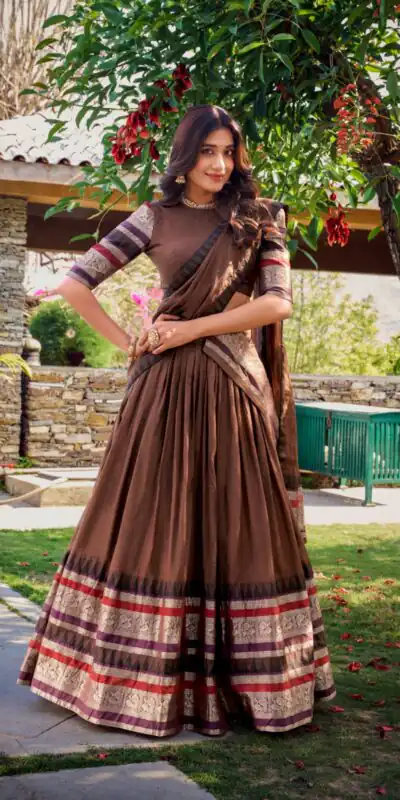 LNB 1902 Brown Color Chanderi Plain With Zari Weaving Work Lehenga Choli Wedding, Party, Festive, Events Etc. Delivery 4-6 Working Days Rs 2099 | Creative Lehenga, Bollywood Lehenga, Designer Lehenga, Embroidered Lehenga, Lehenga, Party Wear Lehenga