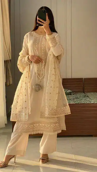 LG 1913 Cream Color Roman Silk Sequence Embroidery Work Salwar Suit Casual, Wedding, Festive, Events . Expected Delivery  4-6 Working Days @1999/- only      | Casual Suits, Jump Suits, Creative suits, Designer Suits, Palazzo Suits, Party Wear Suits, Patiala Suits, Salwar suit, Straight Suits