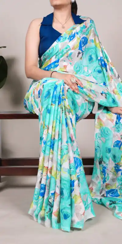 YNF 7017 Firozi Color Dull Satin Floral Printed Saree Casual, Wedding, Festive, Events . Expected Delivery  4-6 Working Days @1499/- only                                                                                | Embroidered Sarees, Bollywood Sarees, Creative Sarees, Designer Sarees, Ethnic Saree, Modern Digital sarees, Party Wear Sarees, Sarees