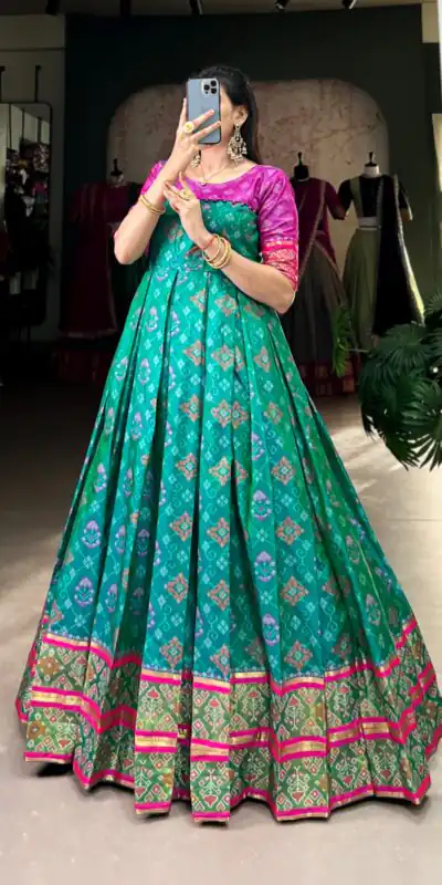 YNF 5308 Firozi Color Jacquard Silk Patola Print Zari Weaving Work Gown Casual, Wedding, Festive, Events . Expected Delivery  4-6 Working Days @2149/- only      | Bollywood Gowns, Creative Gowns, Designer Gowns, Embroidered Gowns, Gowns, Party Wear Gowns