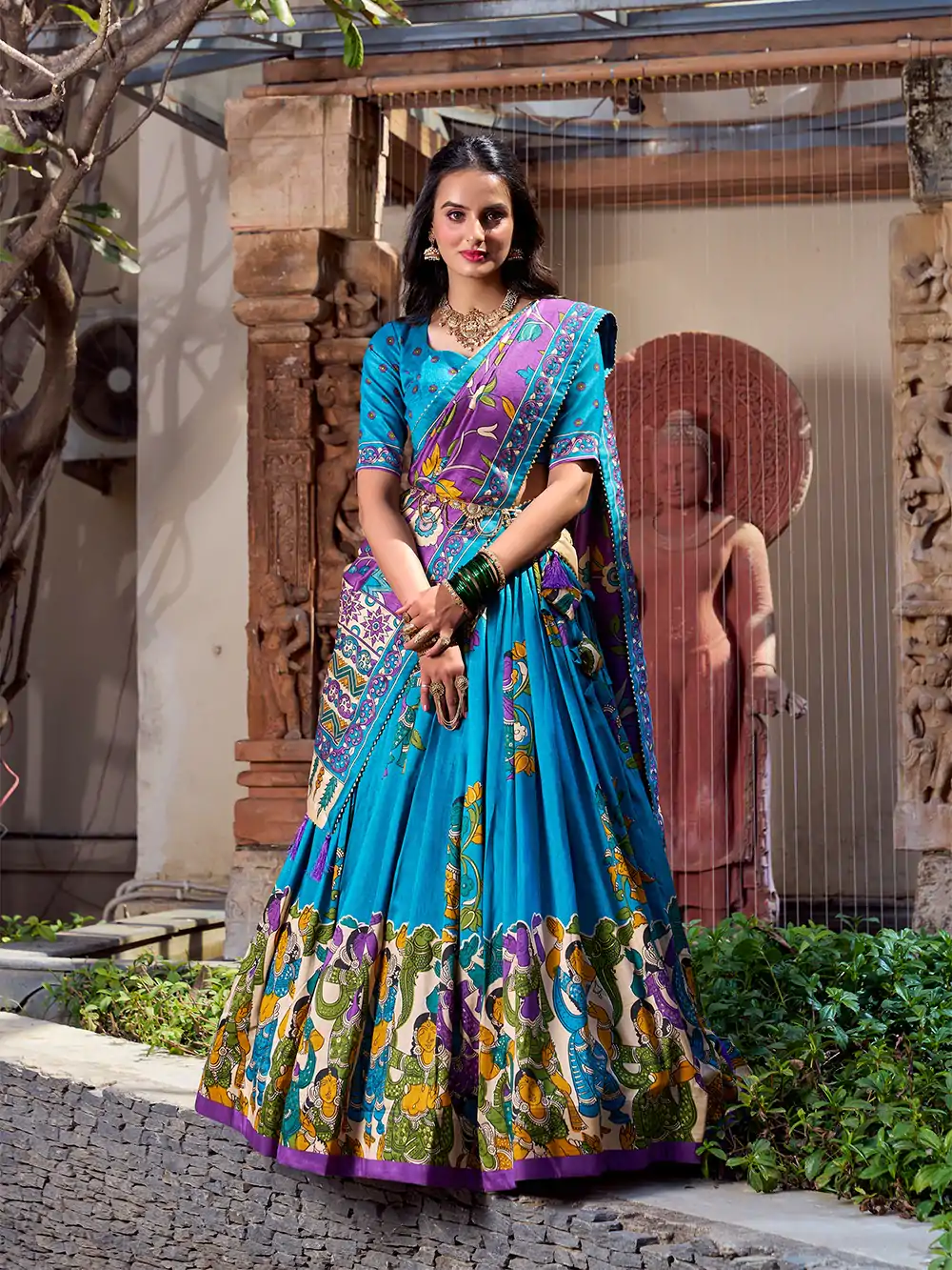 LNB 1236 Firozi Color Tasar Silk Kalamkari Print With Foil Work Lehenga Choli Wedding, Party, Festive, Events Etc. Delivery 4-6 Working Days Rs 2449 | Creative Lehenga, Bollywood Lehenga, Designer Lehenga, Embroidered Lehenga, Lehenga, Party Wear Lehenga