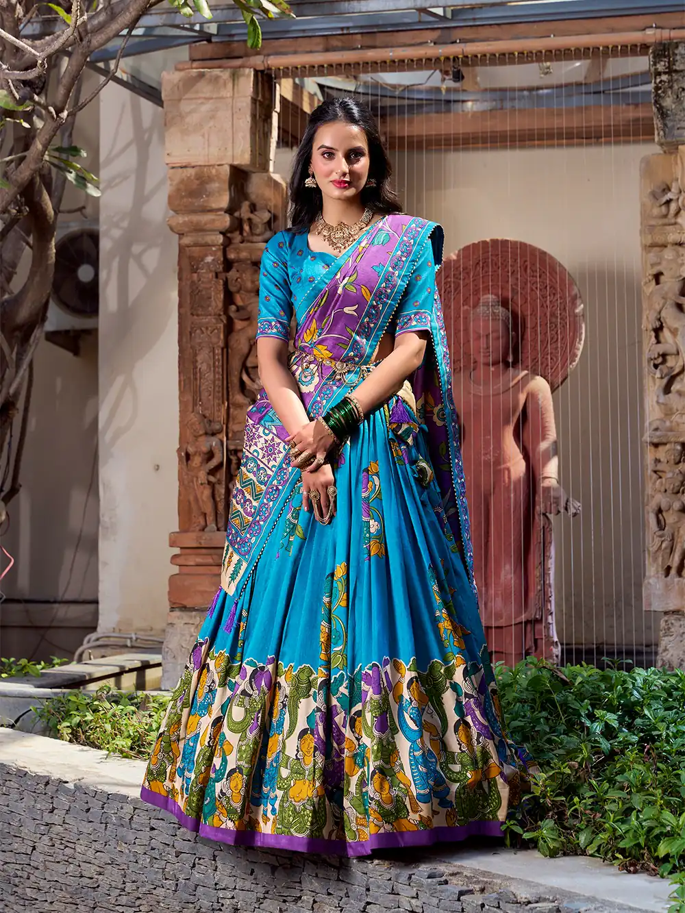LNB 1236 Firozi Color Tasar Silk Kalamkari Print With Foil Work Lehenga Choli Wedding, Party, Festive, Events Etc. Delivery 4-6 Working Days Rs 2449 | Creative Lehenga, Bollywood Lehenga, Designer Lehenga, Embroidered Lehenga, Lehenga, Party Wear Lehenga