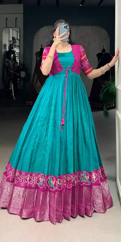 YNF 5028 Firozi Color Tasar Chex Patola With Weaving Work Border Gown Casual, Wedding, Festive, Events . Expected Delivery  4-6 Working Days @1799/- only      | Bollywood Gowns, Creative Gowns, Designer Gowns, Embroidered Gowns, Gowns, Party Wear Gowns