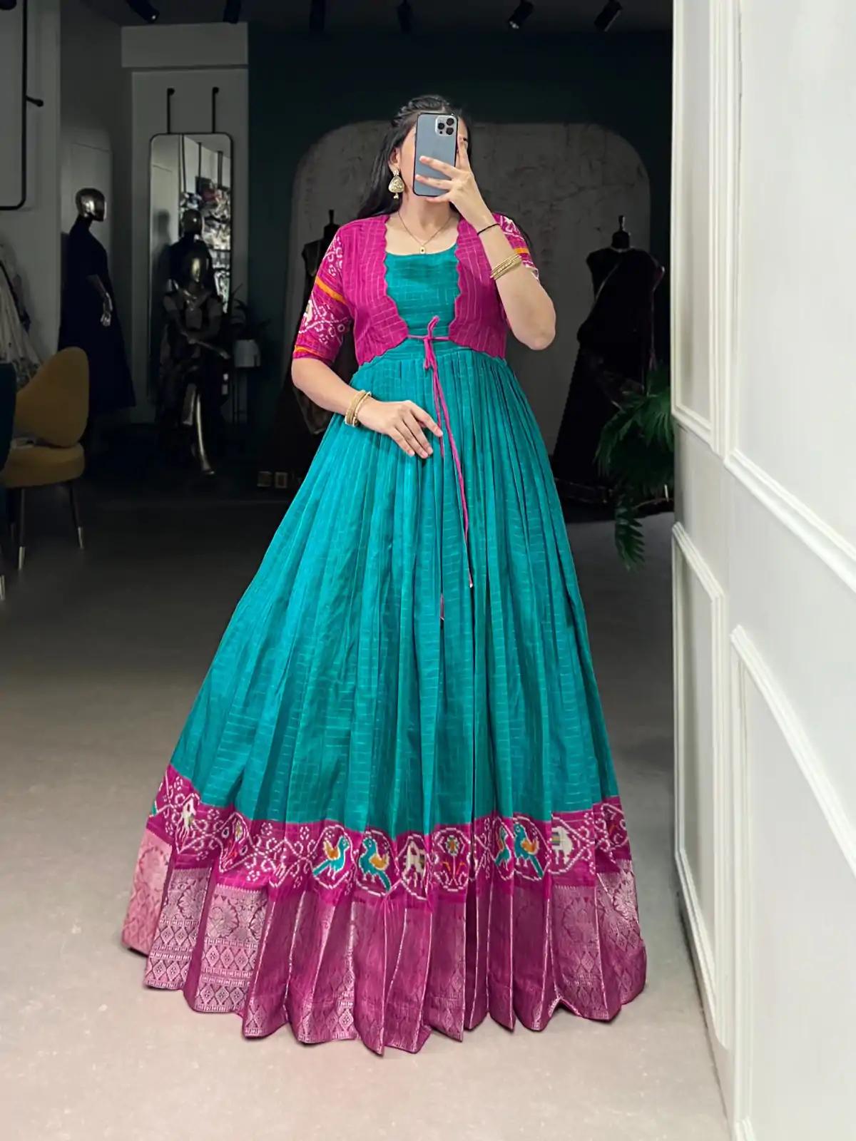 YNF 5028 Firozi Color Tasar Chex Patola With Weaving Work Border Gown Casual, Wedding, Festive, Events . Expected Delivery  4-6 Working Days @1799/- only      | Bollywood Gowns, Creative Gowns, Designer Gowns, Embroidered Gowns, Gowns, Party Wear Gowns