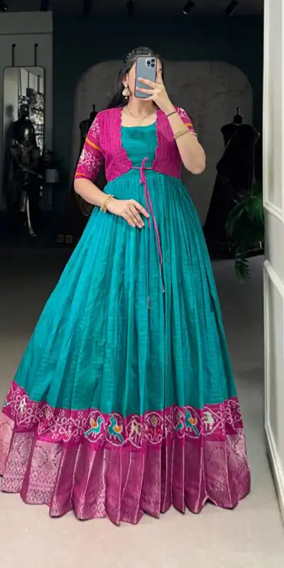 YNF 5028 Firozi Color Tasar Chex Patola With Weaving Work Border Gown Casual, Wedding, Festive, Events . Expected Delivery  4-6 Working Days @1799/- only      | Bollywood Gowns, Creative Gowns, Designer Gowns, Embroidered Gowns, Gowns, Party Wear Gowns