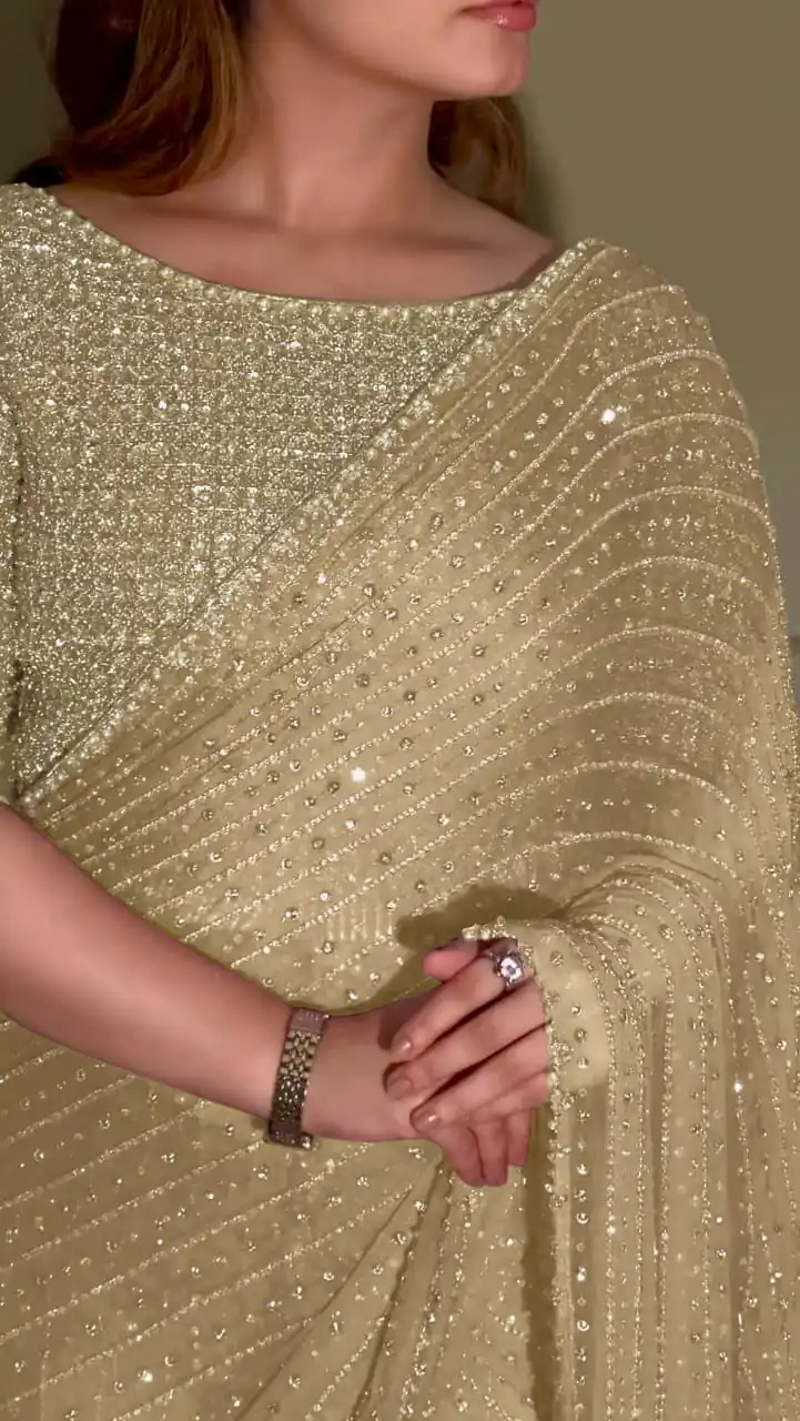 YNF 3452 Gold -DF 3452 Color Georgette Sequins Multy Embroidery Work Saree Casual, Wedding, Festive, Events . Expected Delivery  4-6 Working Days @1799/-                                                                                 | Creative Sarees, Embroidered Sarees, Bollywood Sarees, Designer Sarees, Ethnic Saree, Modern Digital sarees, Party Wear Sarees, Sarees