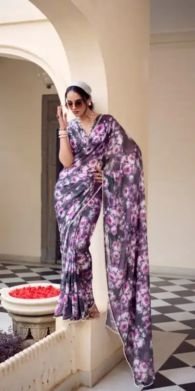 YNF 7042 Gray Color Weightless Marbal Floral Printed Lace Border Saree Casual, Wedding, Festive, Events . Expected Delivery  4-6 Working Days @1549/- only                                                                                | Embroidered Sarees, Bollywood Sarees, Creative Sarees, Designer Sarees, Ethnic Saree, Modern Digital sarees, Party Wear Sarees, Sarees