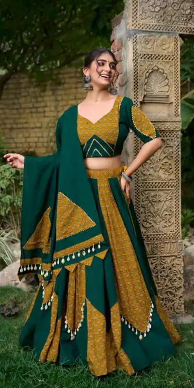 LNB 1620 Green Color Pure Cotton Plain Printed With Cowrie Lace Lehenga Choli Wedding, Party, Festive, Events Etc. Delivery 4-6 Working Days Rs 3699 | Creative Lehenga, Bollywood Lehenga, Designer Lehenga, Embroidered Lehenga, Lehenga, Party Wear Lehenga