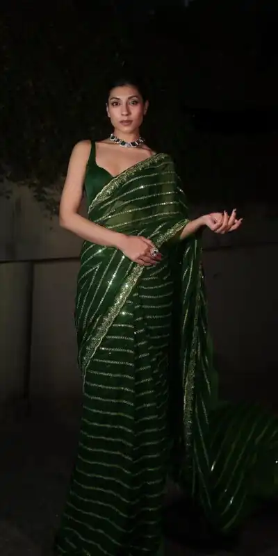 DF 3393 Green Color Georgette 5MM Sequins Embroidery Work Saree Casual, Wedding, Festive, Events . Expected Delivery  4-6 Working Days @1799/- only                                                 | Embroidered Sarees, Bollywood Sarees, Creative Sarees, Designer Sarees, Ethnic Saree, Modern Digital sarees, Party Wear Sarees, Sarees