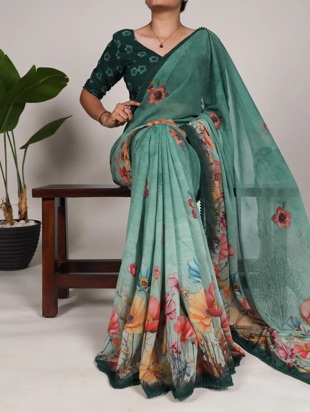YNF 7009 Green Color Georgette Floral Print With Lace Border Saree Casual, Wedding, Festive, Events . Expected Delivery  4-6 Working Days @1299/- only                                                                                | Embroidered Sarees, Bollywood Sarees, Creative Sarees, Designer Sarees, Ethnic Saree, Modern Digital sarees, Party Wear Sarees, Sarees