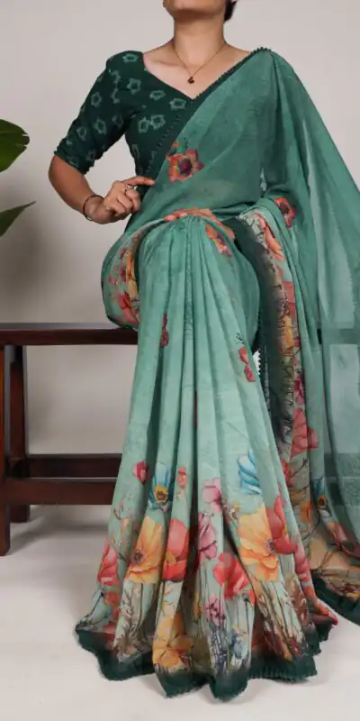 YNF 7009 Green Color Georgette Floral Print With Lace Border Saree Casual, Wedding, Festive, Events . Expected Delivery  4-6 Working Days @1299/- only                                                                                | Embroidered Sarees, Bollywood Sarees, Creative Sarees, Designer Sarees, Ethnic Saree, Modern Digital sarees, Party Wear Sarees, Sarees