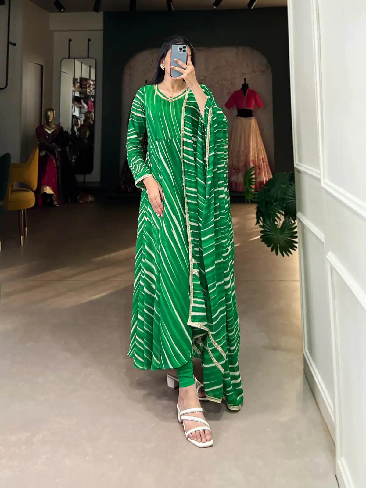 YNF 5026 Green Color Georgette Leheriya Georgette With Lace Touch Up Gown Casual, Wedding, Festive, Events . Expected Delivery  4-6 Working Days @1799/- only      | Bollywood Gowns, Creative Gowns, Designer Gowns, Embroidered Gowns, Gowns, Party Wear Gowns