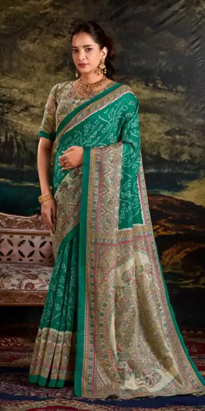 YNF 7209 Green Color Green Silk Fusion Print Madhubani Bandhej Saree Casual, Wedding, Festive, Events . Expected Delivery  4-6 Working Days @1499/- only                                                                                | Creative Sarees, Embroidered Sarees, Bollywood Sarees, Designer Sarees, Ethnic Saree, Modern Digital sarees, Party Wear Sarees, Sarees