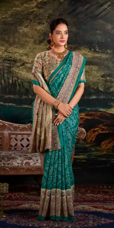YNF 7209 Green Color Green Silk Fusion Print Madhubani Bandhej Saree Casual, Wedding, Festive, Events . Expected Delivery  4-6 Working Days @1499/- only                                                                                | Creative Sarees, Embroidered Sarees, Bollywood Sarees, Designer Sarees, Ethnic Saree, Modern Digital sarees, Party Wear Sarees, Sarees