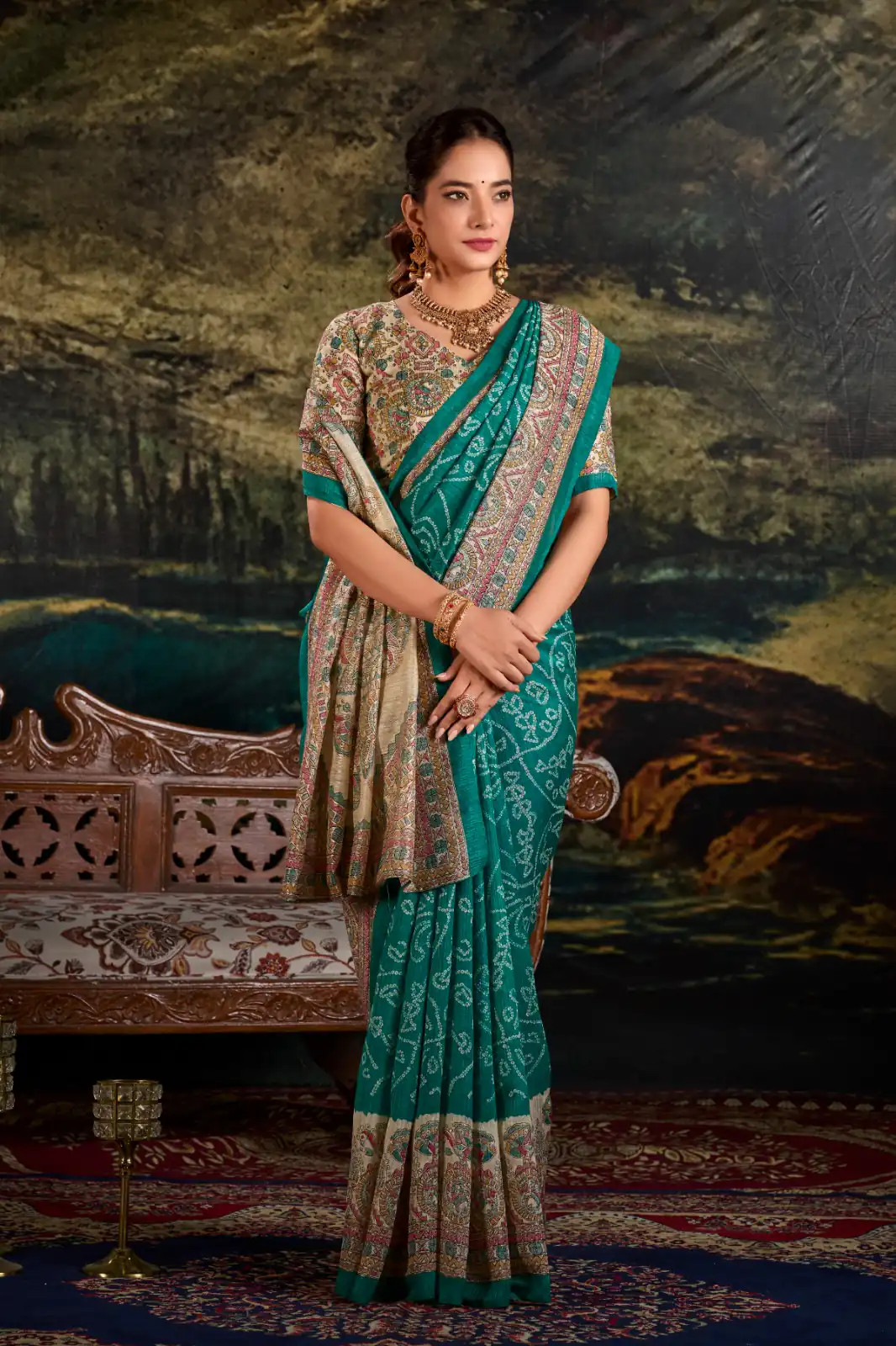 YNF 7209 Green Color Green Silk Fusion Print Madhubani Bandhej Saree Casual, Wedding, Festive, Events . Expected Delivery  4-6 Working Days @1499/- only                                                                                | Creative Sarees, Embroidered Sarees, Bollywood Sarees, Designer Sarees, Ethnic Saree, Modern Digital sarees, Party Wear Sarees, Sarees