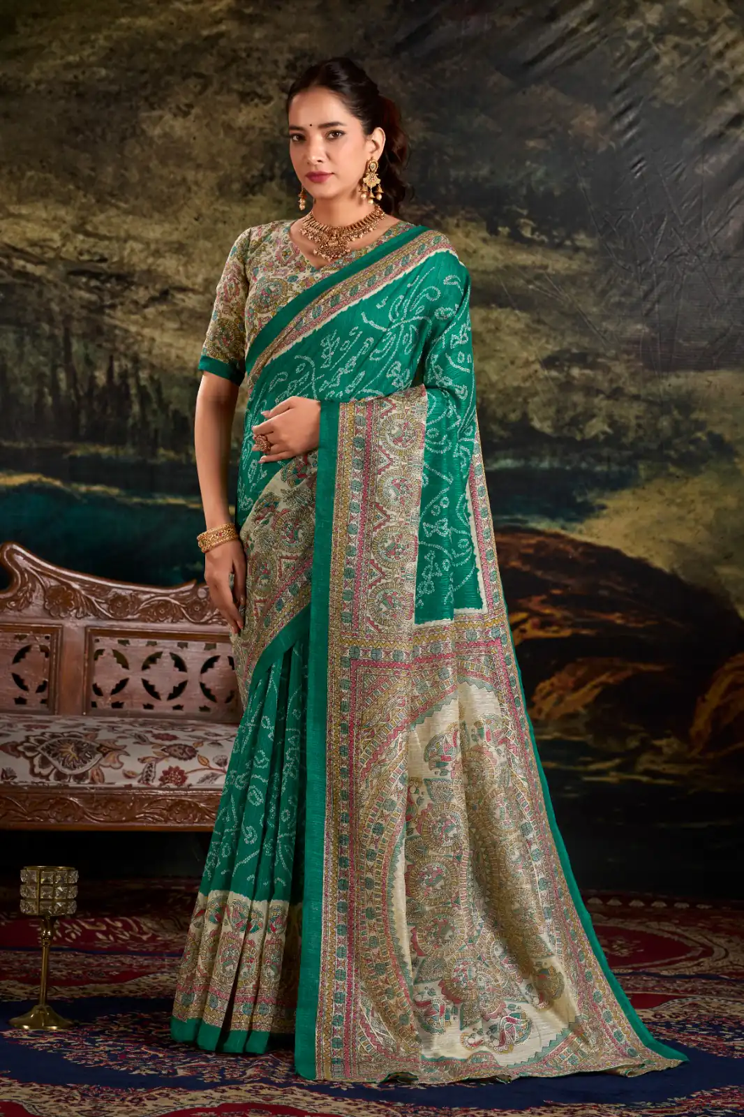 YNF 7209 Green Color Green Silk Fusion Print Madhubani Bandhej Saree Casual, Wedding, Festive, Events . Expected Delivery  4-6 Working Days @1499/- only                                                                                | Creative Sarees, Embroidered Sarees, Bollywood Sarees, Designer Sarees, Ethnic Saree, Modern Digital sarees, Party Wear Sarees, Sarees