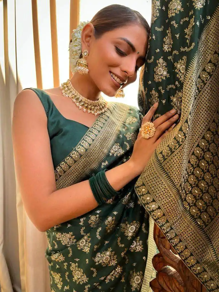 KP 5079 Green Color Soft Lichi Silk Jacquard On All Over Saree Casual, Party Wear, Wedding, Events Etc. Expected Delivery 4-6 Working Days @1449/- | Embroidered Sarees, Bollywood Sarees, Creative Sarees, Designer Sarees, Ethnic Saree, Modern Digital sarees, Party Wear Sarees, Sarees