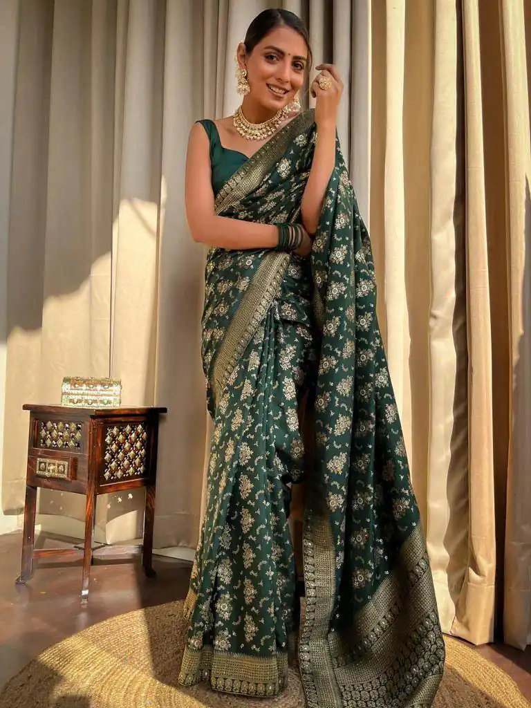 KP 5079 Green Color Soft Lichi Silk Jacquard On All Over Saree Casual, Party Wear, Wedding, Events Etc. Expected Delivery 4-6 Working Days @1449/- | Embroidered Sarees, Bollywood Sarees, Creative Sarees, Designer Sarees, Ethnic Saree, Modern Digital sarees, Party Wear Sarees, Sarees