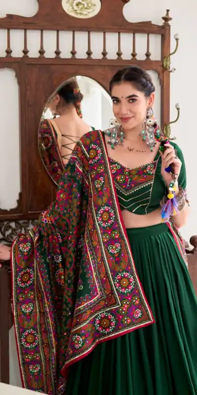 LNB 1243 Green Color Tasar Silk Gamthi Print Embossed Gotta Patti Lace Lehenga Choli Festive Party Wedding, Events etc. Delivery 4-6 Working Days @2999/- | Bollywood Lehenga, Creative Lehenga, Designer Lehenga, Embroidered Lehenga, Lehenga, Party Wear Lehenga