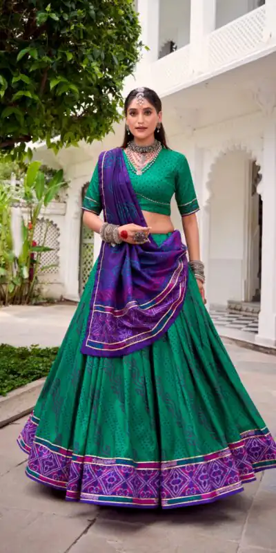LNB 1250 Green Color Tasar Silk Bandhej Print With Gotta Patti Lace Lehenga Choli Festive Party Wedding, Events etc. Delivery 4-6 Working Days @2149/- | Creative Lehenga, Bollywood Lehenga, Designer Lehenga, Embroidered Lehenga, Lehenga, Party Wear Lehenga