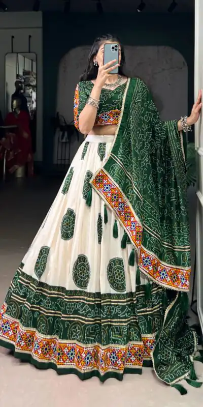 LNB 1736 Green Color Tasar Silk Bandhej Print And Gamthi Work Lehenga Choli Wedding, Party, Festive, Events Etc. Delivery 4-6 Working Days Rs 3499 | Creative Lehenga, Bollywood Lehenga, Designer Lehenga, Embroidered Lehenga, Lehenga, Party Wear Lehenga