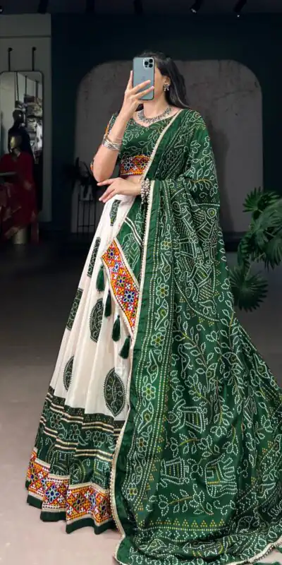 LNB 1736 Green Color Tasar Silk Bandhej Print And Gamthi Work Lehenga Choli Wedding, Party, Festive, Events Etc. Delivery 4-6 Working Days Rs 3499 | Creative Lehenga, Bollywood Lehenga, Designer Lehenga, Embroidered Lehenga, Lehenga, Party Wear Lehenga