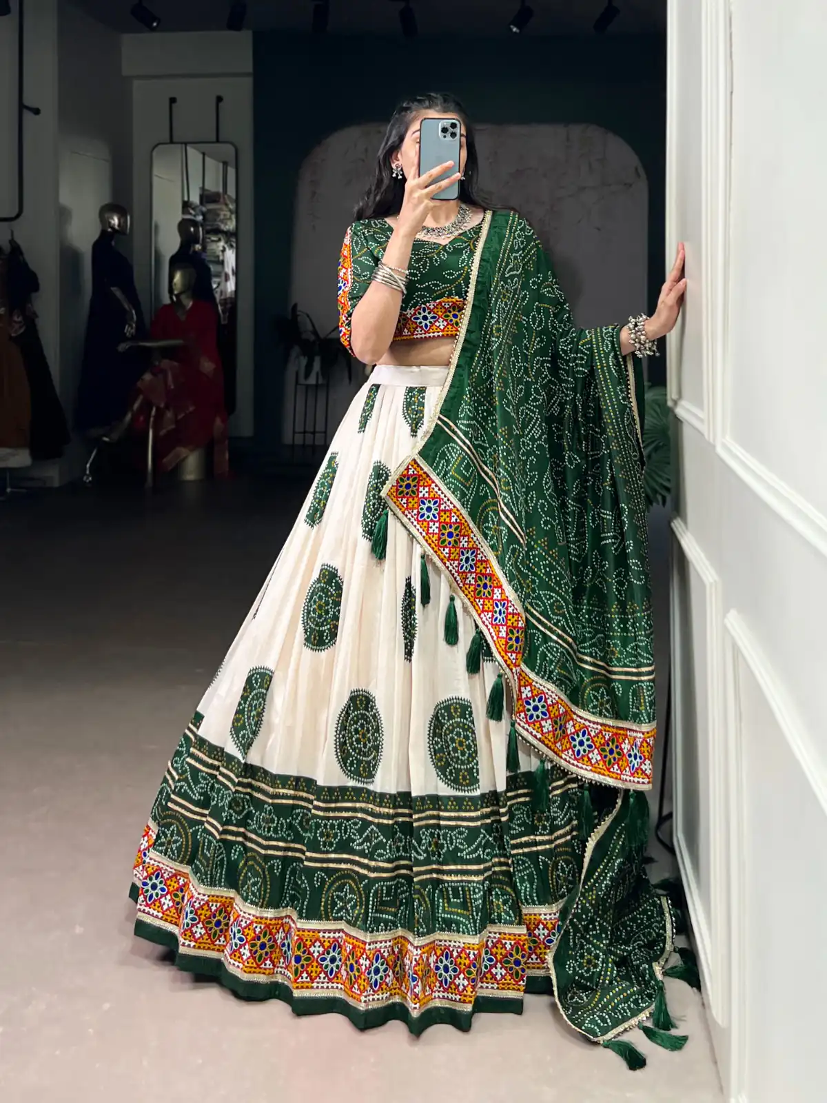 LNB 1736 Green Color Tasar Silk Bandhej Print And Gamthi Work Lehenga Choli Wedding, Party, Festive, Events Etc. Delivery 4-6 Working Days Rs 3499 | Creative Lehenga, Bollywood Lehenga, Designer Lehenga, Embroidered Lehenga, Lehenga, Party Wear Lehenga