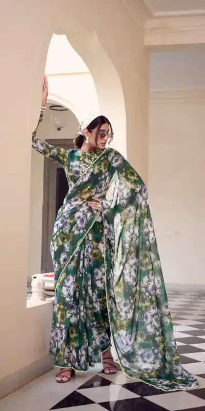 YNF 7042 Green Color Weightless Marbal Floral Printed Lace Border Saree Casual, Wedding, Festive, Events . Expected Delivery  4-6 Working Days @1549/- only                                                                                | Embroidered Sarees, Bollywood Sarees, Creative Sarees, Designer Sarees, Ethnic Saree, Modern Digital sarees, Party Wear Sarees, Sarees