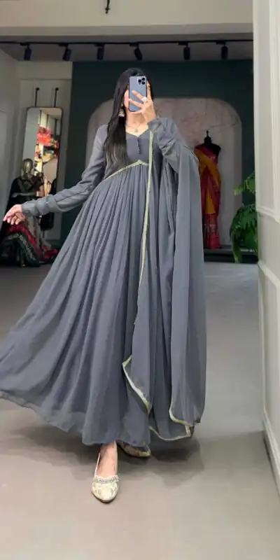 YNF 5102 Grey Color Georgette Plain Sequins Embroidery Lace Gown Casual, Wedding, Festive, Events . Expected Delivery  4-6 Working Days @1749/- only      | Bollywood Gowns, Creative Gowns, Designer Gowns, Embroidered Gowns, Gowns, Party Wear Gowns