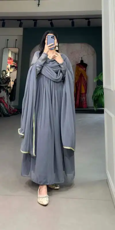 YNF 5102 Grey Color Georgette Plain Sequins Embroidery Lace Gown Casual, Wedding, Festive, Events . Expected Delivery 4-6 Working Days @1749/- only | Bollywood Gowns, Creative Gowns, Designer Gowns, Embroidered Gowns, Gowns, Party Wear Gowns