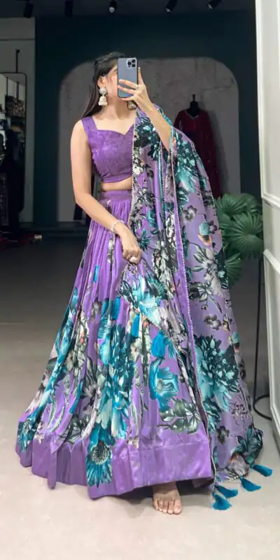 LNB 1225 Lavender Color Tasar Silk Floral Print With Lace Touch Up Lehenga Choli Wedding, Party, Festive, Events Etc. Delivery 4-6 Working Days Rs 2449 | Creative Lehenga, Bollywood Lehenga, Designer Lehenga, Embroidered Lehenga, Lehenga, Party Wear Lehenga