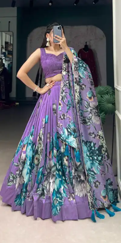 LNB 1225 Lavender Color Tasar Silk Floral Print With Lace Touch Up Lehenga Choli Wedding, Party, Festive, Events Etc. Delivery 4-6 Working Days Rs 2449 | Creative Lehenga, Bollywood Lehenga, Designer Lehenga, Embroidered Lehenga, Lehenga, Party Wear Lehenga