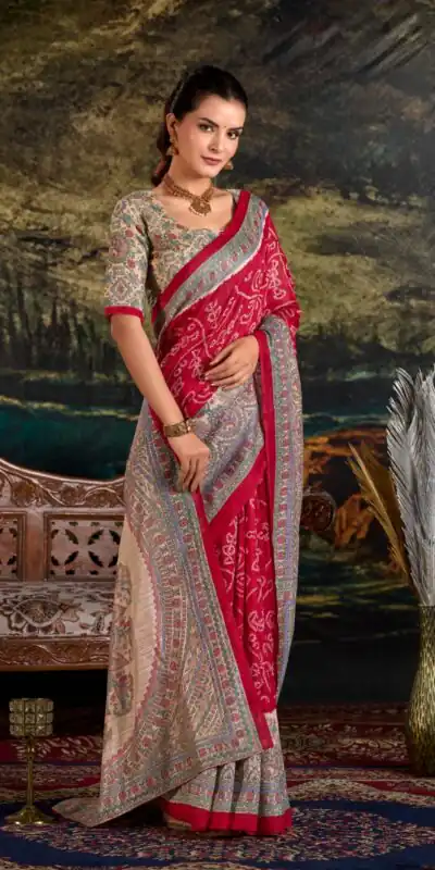 YNF 7209 Maroon Color Green Silk Fusion Print Madhubani Bandhej Saree Casual, Wedding, Festive, Events . Expected Delivery  4-6 Working Days @1499/- only                                                                                | Creative Sarees, Embroidered Sarees, Bollywood Sarees, Designer Sarees, Ethnic Saree, Modern Digital sarees, Party Wear Sarees, Sarees
