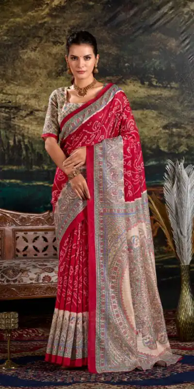 YNF 7209 Maroon Color Green Silk Fusion Print Madhubani Bandhej Saree Casual, Wedding, Festive, Events . Expected Delivery  4-6 Working Days @1499/- only                                                                                | Creative Sarees, Embroidered Sarees, Bollywood Sarees, Designer Sarees, Ethnic Saree, Modern Digital sarees, Party Wear Sarees, Sarees