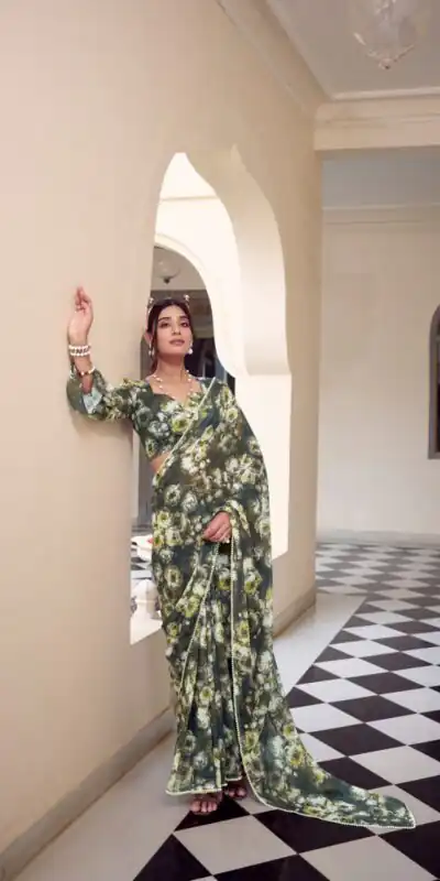 YNF 7042 Mehandi Color Weightless Marbal Floral Printed Lace Border Saree Casual, Wedding, Festive, Events . Expected Delivery  4-6 Working Days @1549/- only                                                                                | Embroidered Sarees, Bollywood Sarees, Creative Sarees, Designer Sarees, Ethnic Saree, Modern Digital sarees, Party Wear Sarees, Sarees