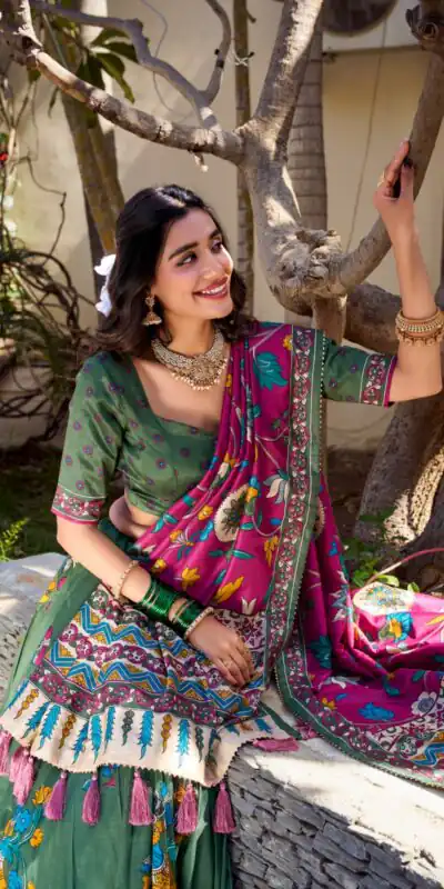 LNB 1236 Mehendi Color Tasar Silk Kalamkari Print With Foil Work Lehenga Choli Wedding, Party, Festive, Events Etc. Delivery 4-6 Working Days Rs 2449 | Bollywood Lehenga, Creative Lehenga, Designer Lehenga, Embroidered Lehenga, Lehenga, Party Wear Lehenga