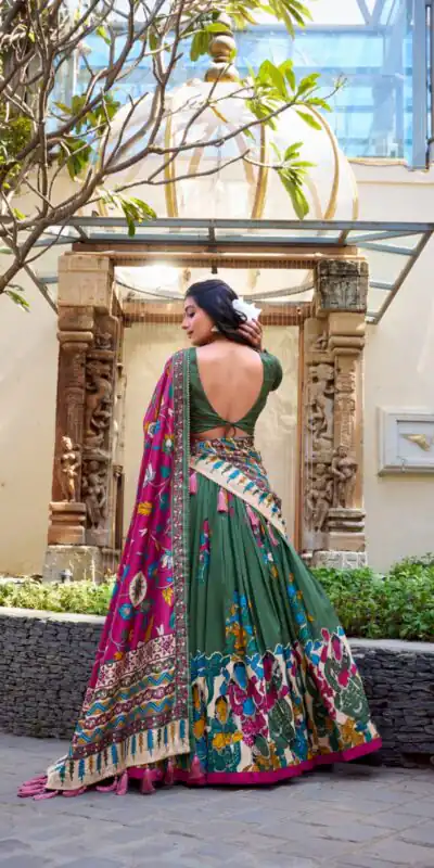 LNB 1236 Mehendi Color Tasar Silk Kalamkari Print With Foil Work Lehenga Choli Wedding, Party, Festive, Events Etc. Delivery 4-6 Working Days Rs 2449 | Bollywood Lehenga, Creative Lehenga, Designer Lehenga, Embroidered Lehenga, Lehenga, Party Wear Lehenga