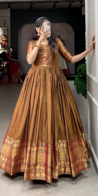 YNF 5316 Mustard Color Narayan pet (cotton) Zari weaving work Gown Casual, Wedding, Festive, Events . Expected Delivery 4-6 Working Days @1799/- only | Bollywood Gowns, Creative Gowns, Designer Gowns, Embroidered Gowns, Gowns, Party Wear Gowns
