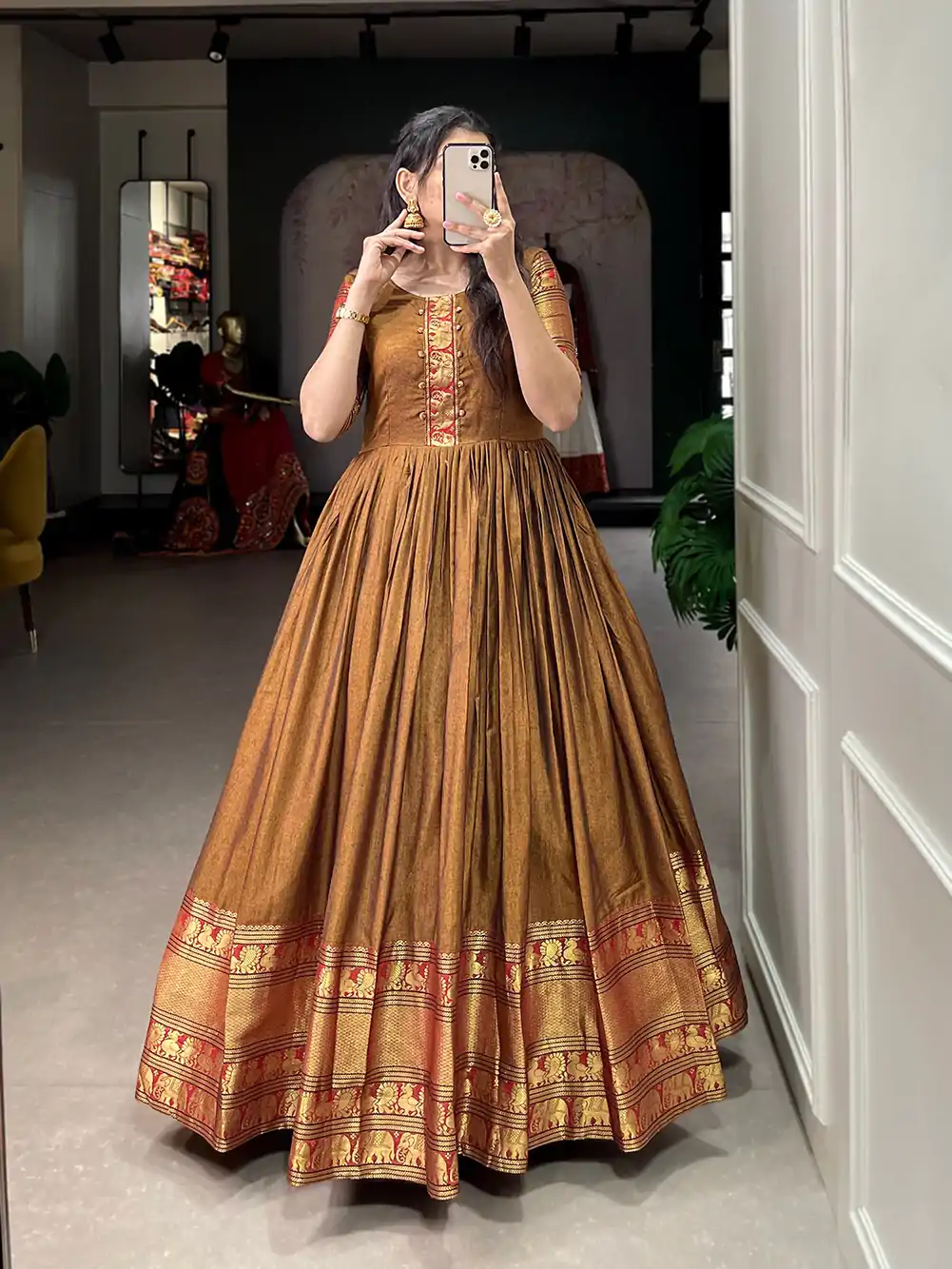 YNF 5316 Mustard Color Narayan pet (cotton) Zari weaving work Gown Casual, Wedding, Festive, Events . Expected Delivery  4-6 Working Days @1799/- only      | Bollywood Gowns, Creative Gowns, Designer Gowns, Embroidered Gowns, Gowns, Party Wear Gowns