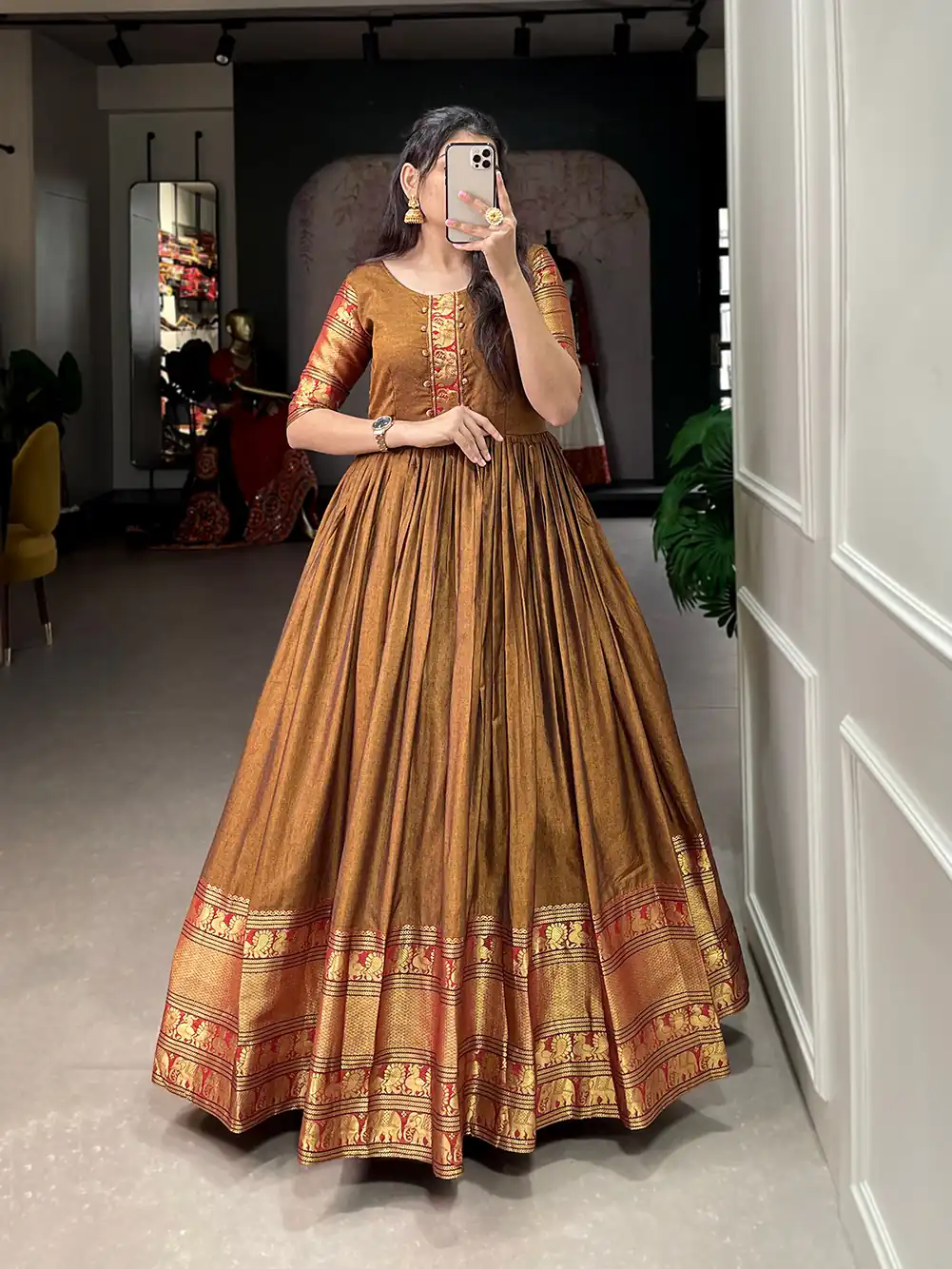 YNF 5316 Mustard Color Narayan pet (cotton) Zari weaving work Gown Casual, Wedding, Festive, Events . Expected Delivery  4-6 Working Days @1799/- only      | Bollywood Gowns, Creative Gowns, Designer Gowns, Embroidered Gowns, Gowns, Party Wear Gowns