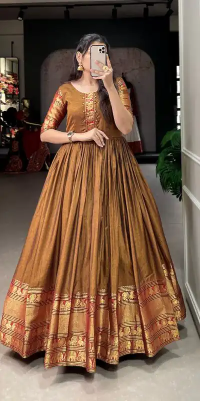 YNF 5316 Mustard Color Narayan pet (cotton) Zari weaving work Gown Casual, Wedding, Festive, Events . Expected Delivery 4-6 Working Days @1799/- only | Bollywood Gowns, Creative Gowns, Designer Gowns, Embroidered Gowns, Gowns, Party Wear Gowns